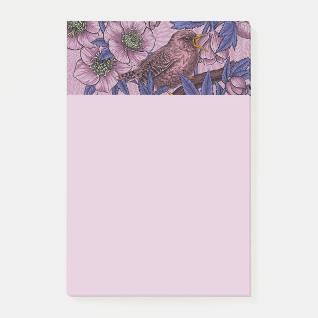Notas Post-it® Wren y hellebore, rosa y violeta (Anverso)