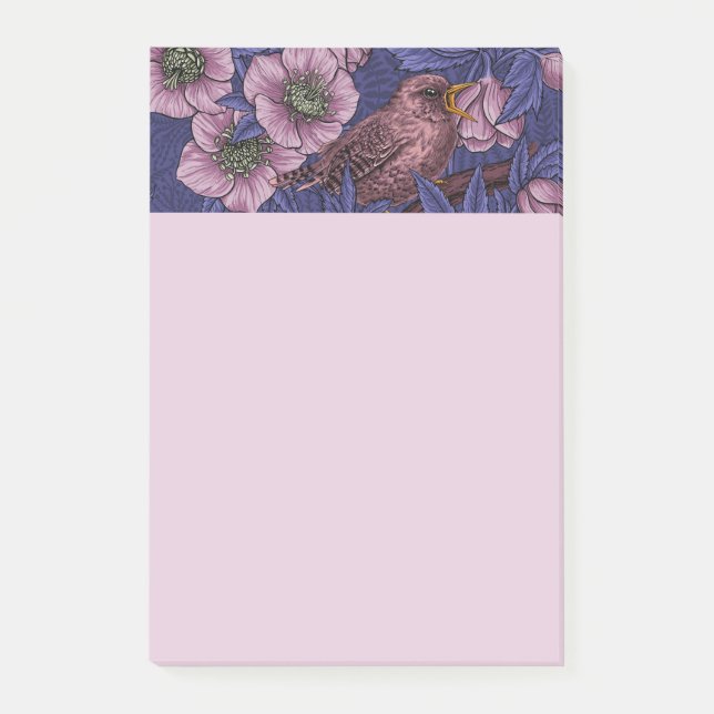 Notas Post-it® Wren y hellebore, violeta y rosa (Anverso)