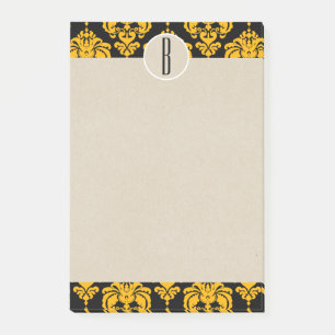 Notas Post-it® Yellow Black Glam Damask Kraft Monograma inicial