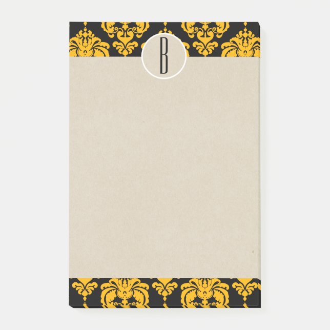 Notas Post-it® Yellow Black Glam Damask Kraft Monograma inicial (Anverso)