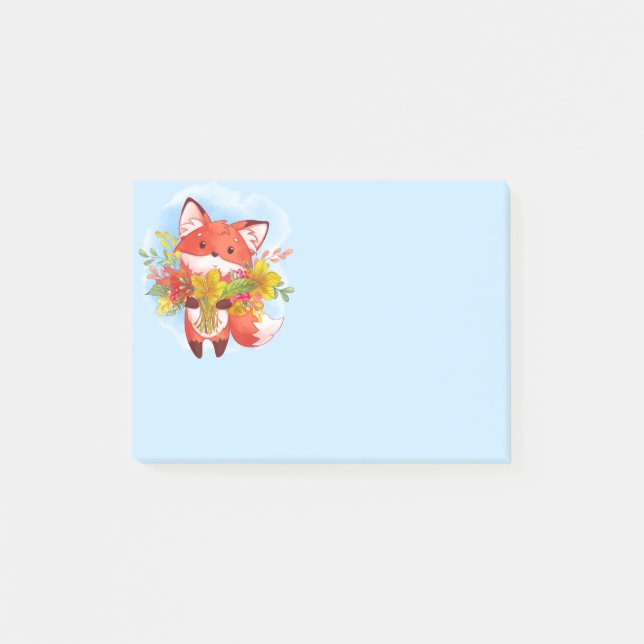 Notas Post-it® Zorro rojo curado con hojas de otoño (Anverso)