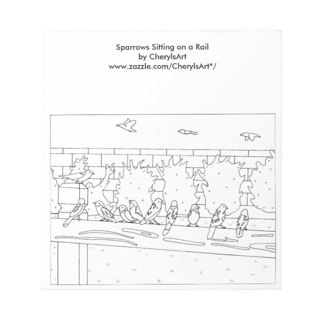Notas Sparrows Sitting on Rail Esquema Colocando Bloc de (Frente)