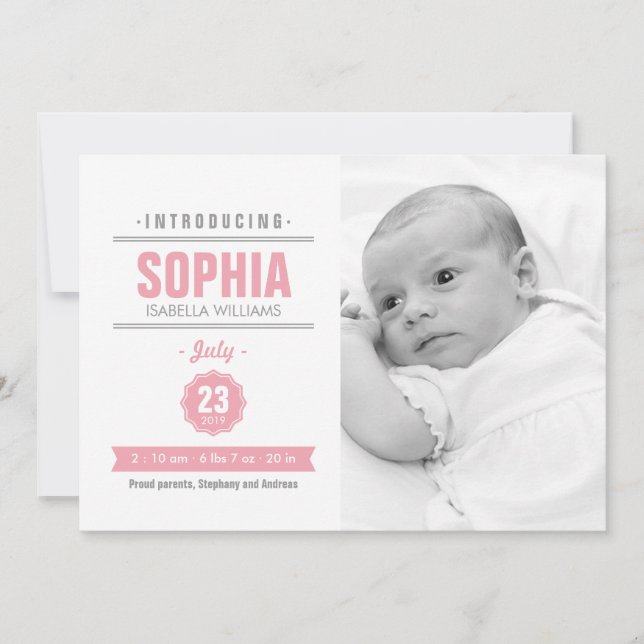 Noticias modernas Invitación de foto de bebé rosad (Anverso)