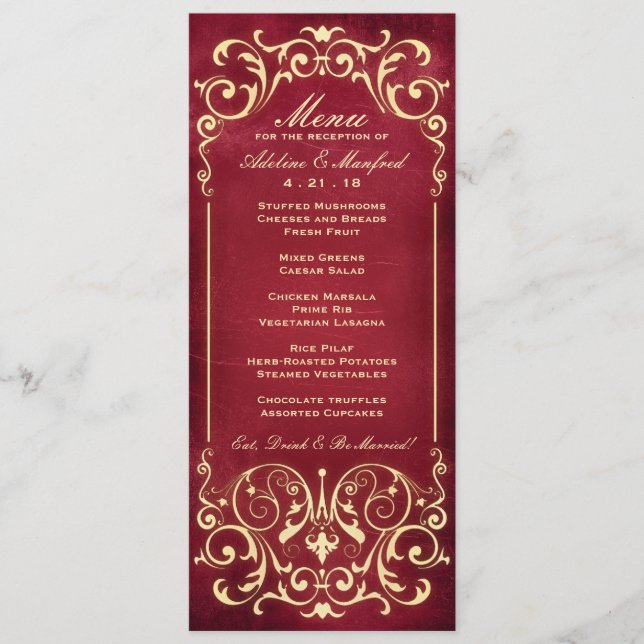 Nouveau Victorian: Menú Boda rojo y oro (Anverso)