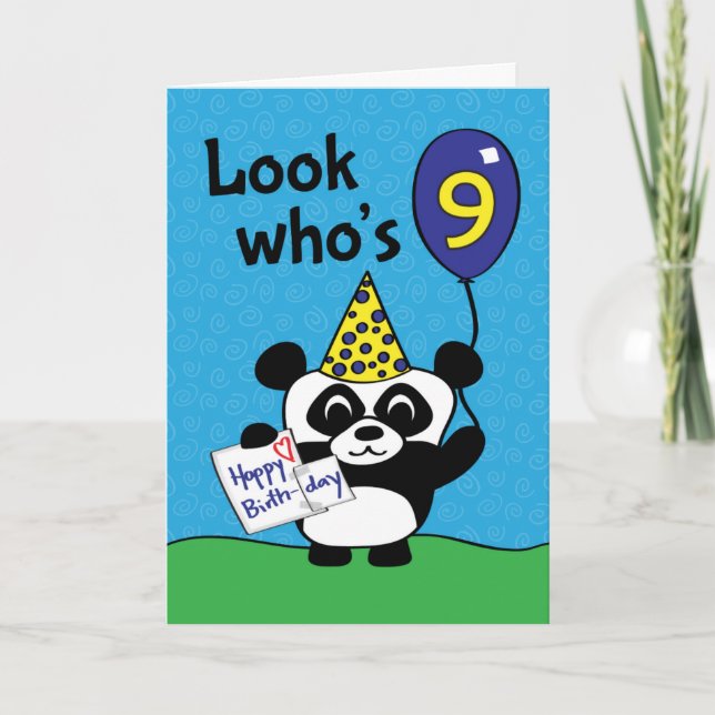 Noveno cumpleaños - Boy Panda con globo y tarjeta (Anverso)