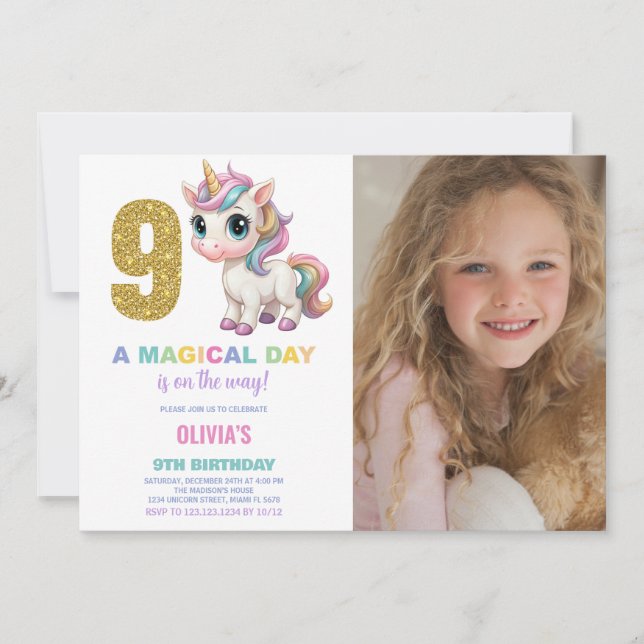 Noveno cumpleaños Unicornio foto de invitaciones d (Anverso)