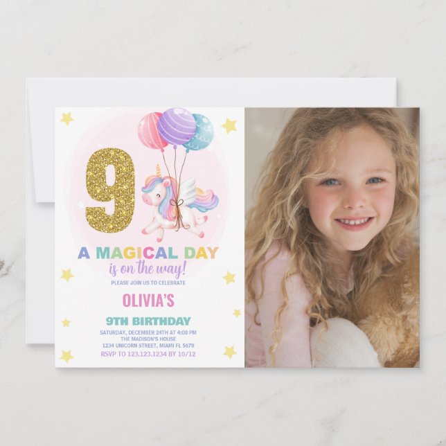 Noveno cumpleaños Unicornio foto de invitaciones d (Anverso)