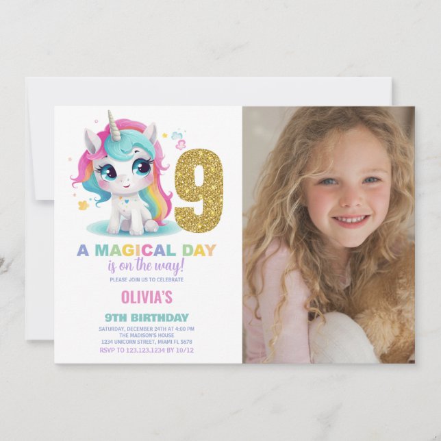 Noveno cumpleaños Unicornio foto de invitaciones d (Anverso)