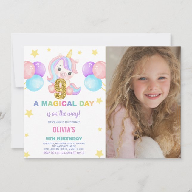 Noveno cumpleaños Unicornio foto de invitaciones d (Anverso)