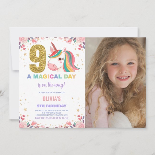 Noveno cumpleaños Unicornio foto de invitaciones d (Anverso)