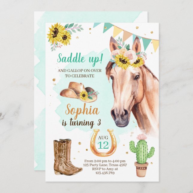 Novia cumpleaños invitación Chica caballo girasole (Anverso / Reverso)