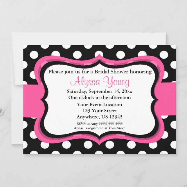 Novia de punto de polka negro rosa o invitación de (Anverso)