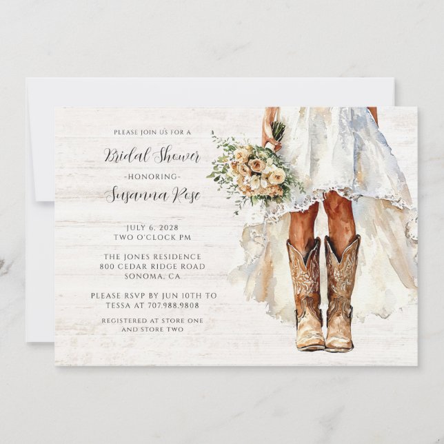Novia en botes Caminando Invitación a ducha de nov (Anverso)