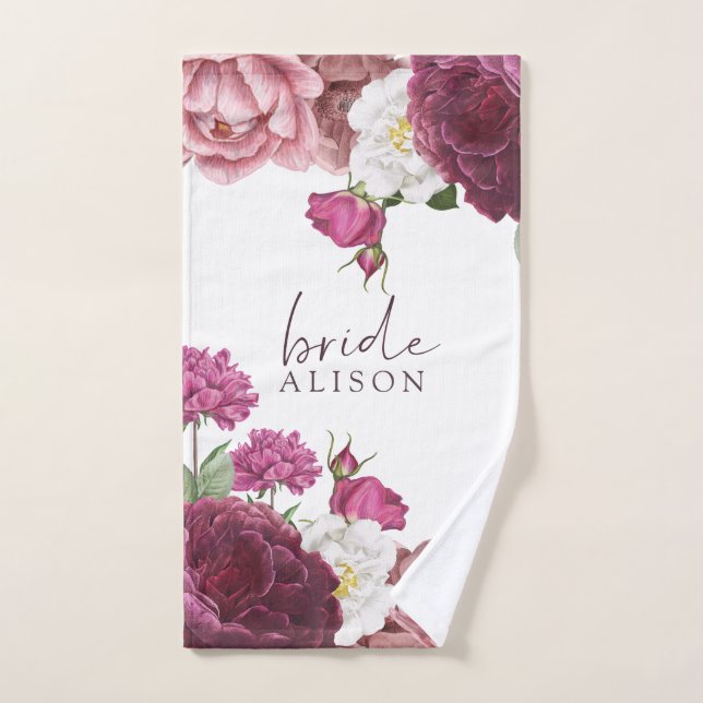 Novia floral borgoñona personalizada (Toalla de mano)