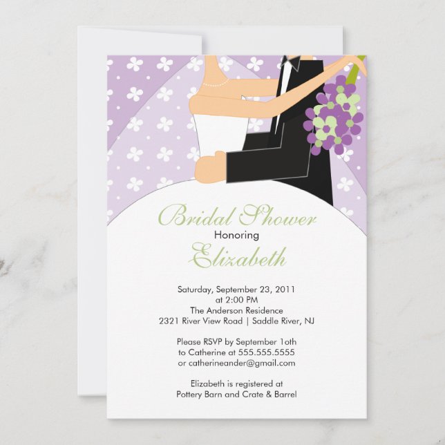 Novia Floral Bridal Shower Invitación Verde Púrpur (Anverso)