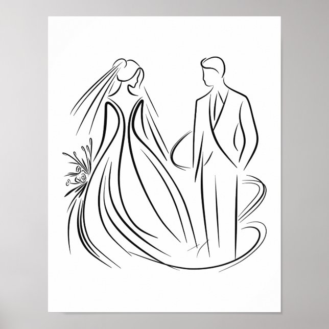 "Novia y Groom Boda Línea Arte Negro y Blanco (Frente)