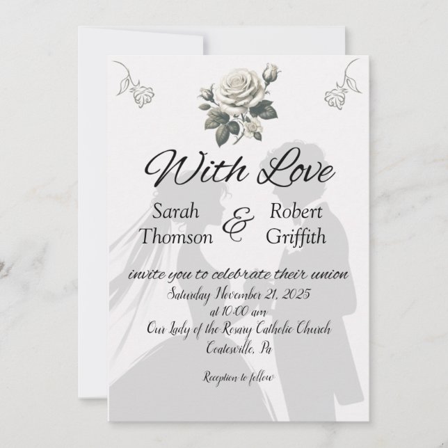 Novia y novio con invitación a matrimonio de Rosas (Anverso)