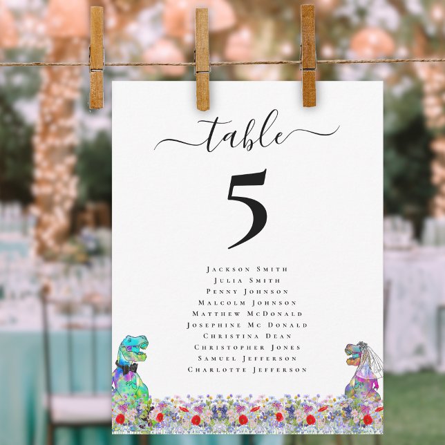 Novia y Novio Dinosaurio Boda Personalizada (Dinosaur bride and groom custom wedding place seating chart watercolor Wildflower meadow florals)