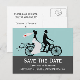 Novia y novio en bicicleta tándem linda anuncio de