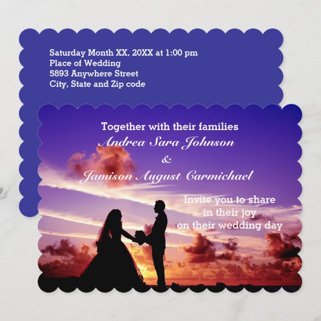Novia y novio en la invitación a la boda del atard (Anverso / Reverso)