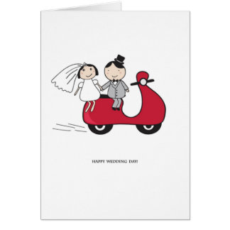 Novia y novio en la vespa roja. Invitación de boda