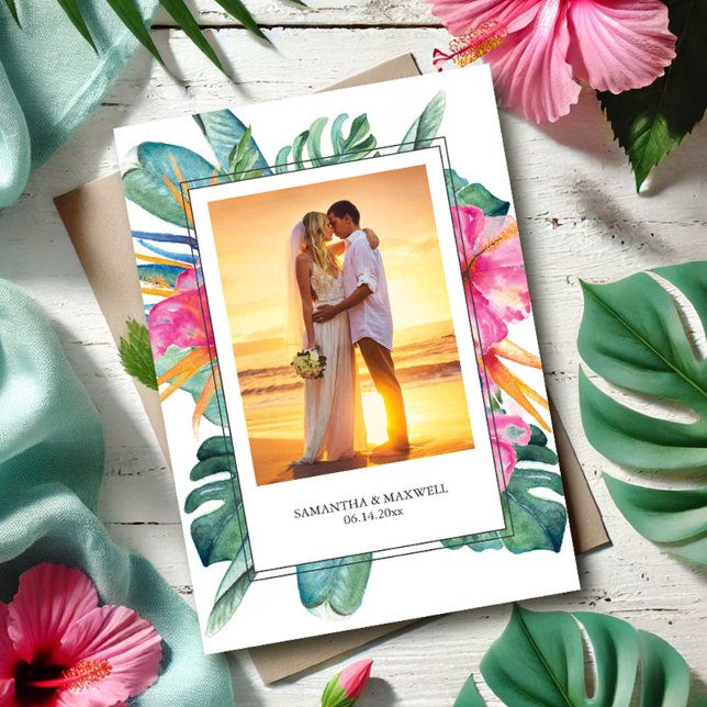 Novia y Novio Tropical Agradecimiento de Boda (Wedding thank you cards tropical destination with template for bride and groom photo and custom text)