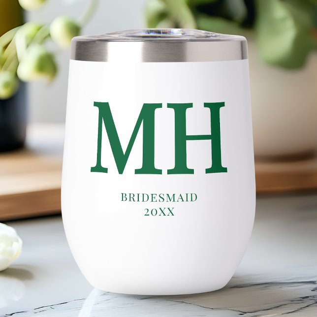Noviaria verde moderna en Moda de Monograma (Green Modern Monogram Chic Bridal Party Bridesmaid Thermal Wine Tumbler)