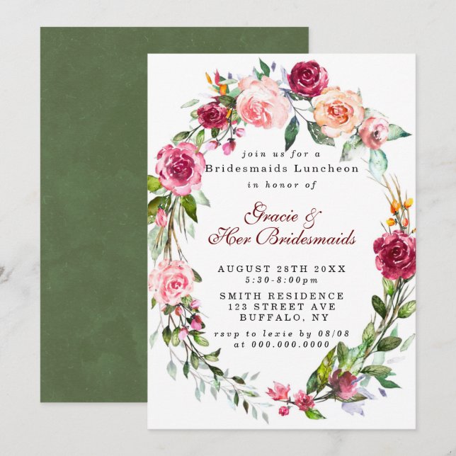 Novias de Borgoña Rosa con flores invitan al almue (Anverso / Reverso)