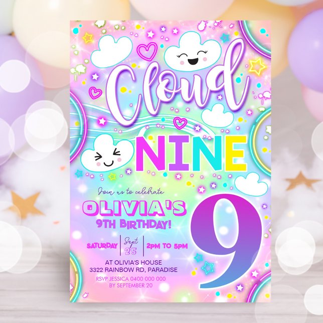 Nube 9 Invitación de cumpleaños Neón arcoiris (Neon Rainbow Cloud 9 Birthday Invitation)