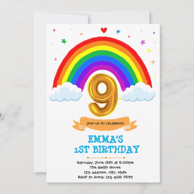 Nube arcoiris invitación a cumplir 9 años (Anverso)