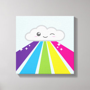 Nube kawaii y lienzo envuelto en arcoiris