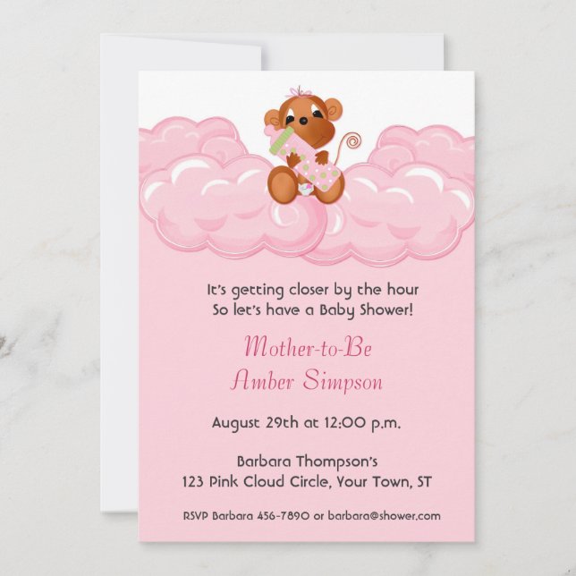 Nubes rosadas, invitación de Baby Shower del mono (Anverso)