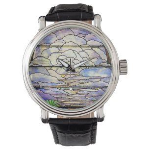 Nubes Sky Tiffany Reloj Floral de vidrio templado