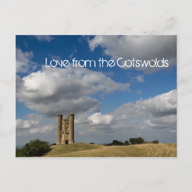 Nubes y Torre Broadway, postal de texto Cotswolds (Anverso)