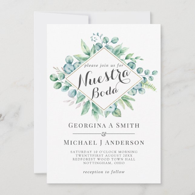 Nuestra Boda Invitación Eucalyptus Verde Moderno (Anverso)