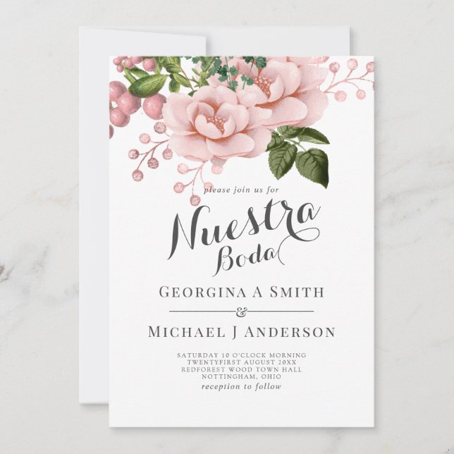 Nuestra Boda Invitación - Rubor Rosa Rosa Bouquet (Anverso)