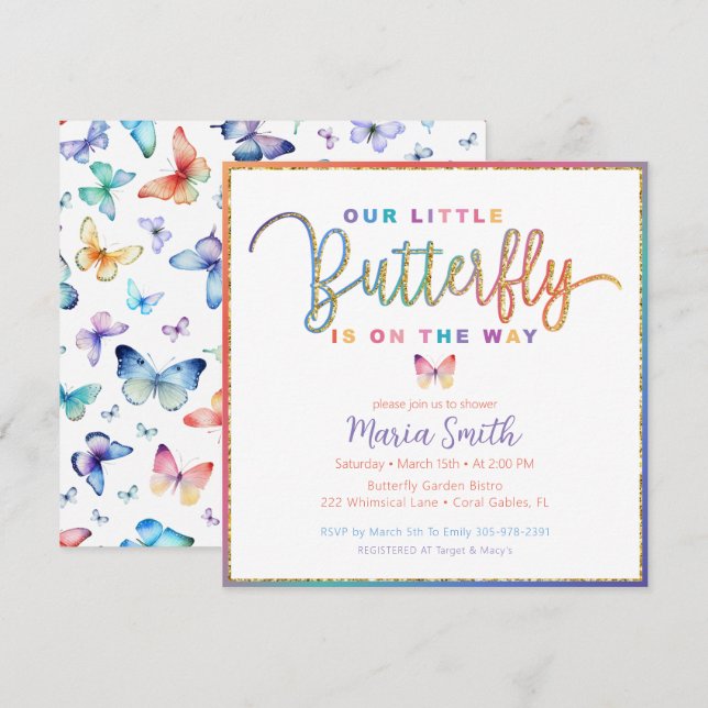 Nuestra invitación de Baby Shower a la mariposa pe (Anverso / Reverso)