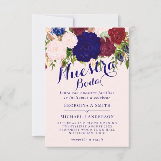 Nuestra Invitación de Boda Burgundy Azul Rosa Flor (Anverso)
