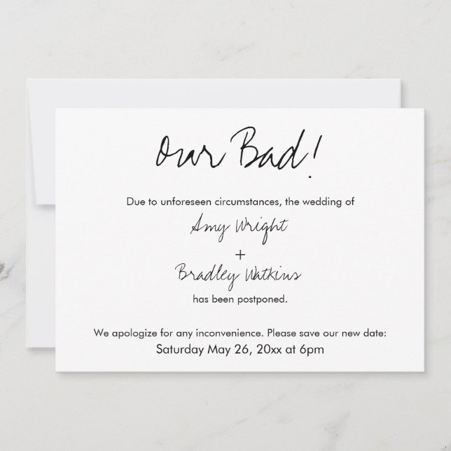 "Nuestra mala" Invitación humorística pospuesta de (Anverso)