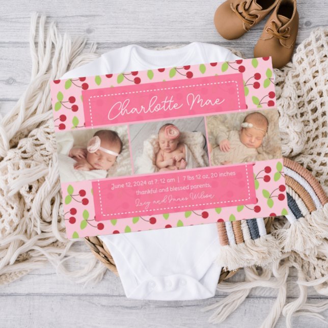 Nuestra mejor Invitación para el Chica de cerezas (birth announcement, baby announcement, birth announcement template, custom girl birth announcement)