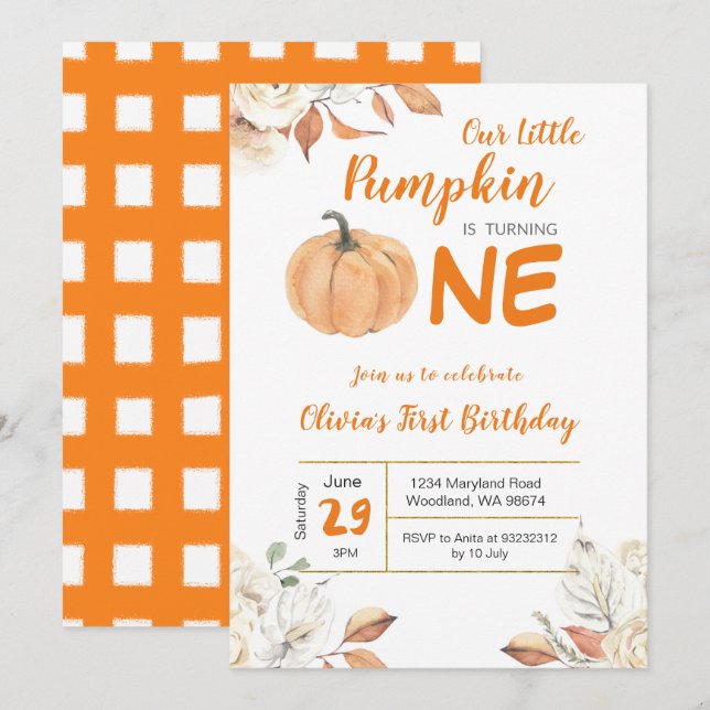 Nuestra pequeña invitación de calabaza de cumpleañ (Anverso / Reverso)