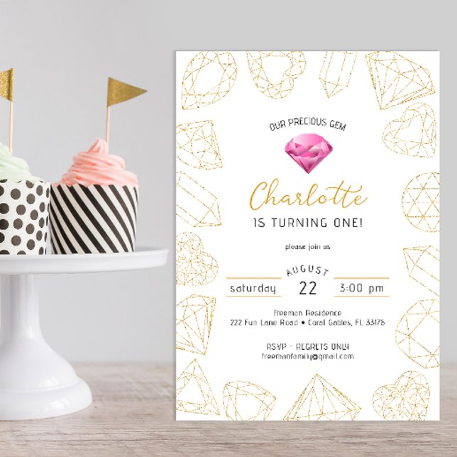Nuestra Preciosa invitación de cumpleaños Gem Pink (gemstone gold glitter birthday party invitation, pink)