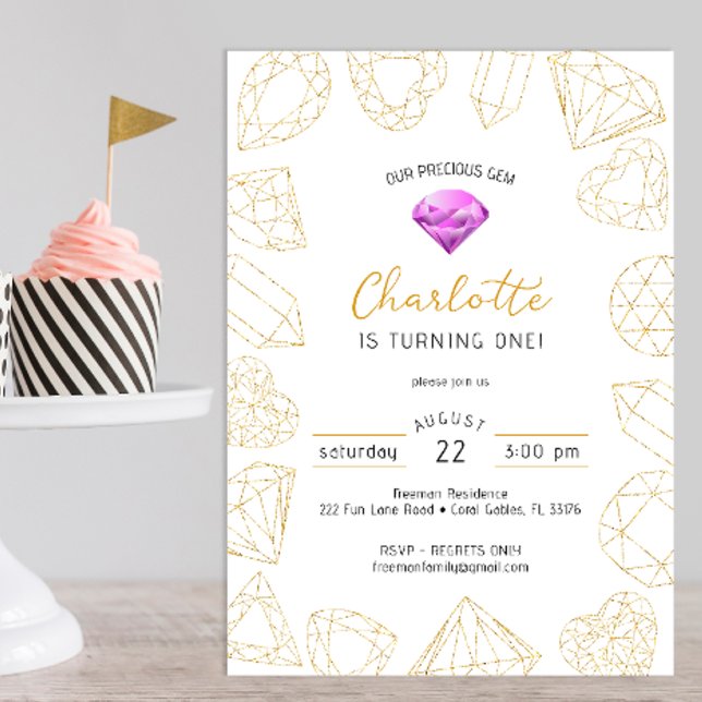 Nuestra Preciosa Invitación de cumpleaños Gem Purp (gem gold glitter birthday party invitation)