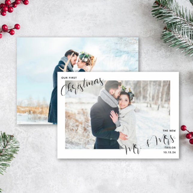 Nuestra primera foto de Navidad recién casada (Easily personalize this first Christmas as Mr. & Mrs. Card with 2 photos and your deets!)