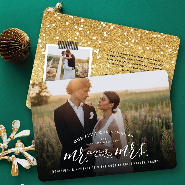 Nuestra Primera Navidad Como Sr. Y Sra. Photo Boda (Our First Christmas As Mr And Mrs Modern Typography - Holiday Wedding Photo Card by fat*fa*tin)