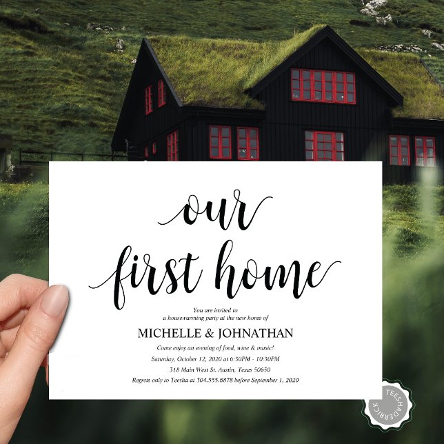 Nuestras primeras tarjetas de invitación para la f (Our New Home, Housewarming  Party Invitation Card, PDF, Modern Rustic Script, Black and White)