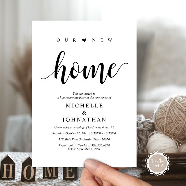 Nuestro nuevo hogar, tarjetas de invitación para f (Our new home, Housewarming party invitation card, first house invites, in black white)