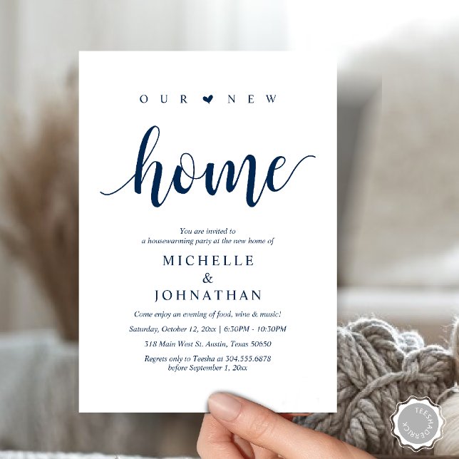 Nuestro nuevo hogar, tarjetas de invitación para f (Our new home, Housewarming party invitation card, first house invites, in navy blue)