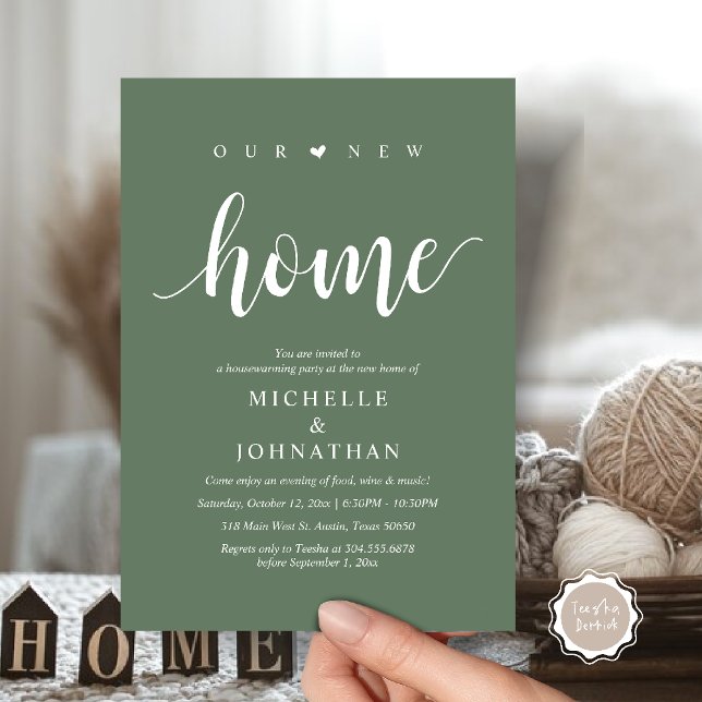 Nuestro nuevo hogar, tarjetas de invitación para f (Our new home, Housewarming party invitation card, first house invites, in sage green)