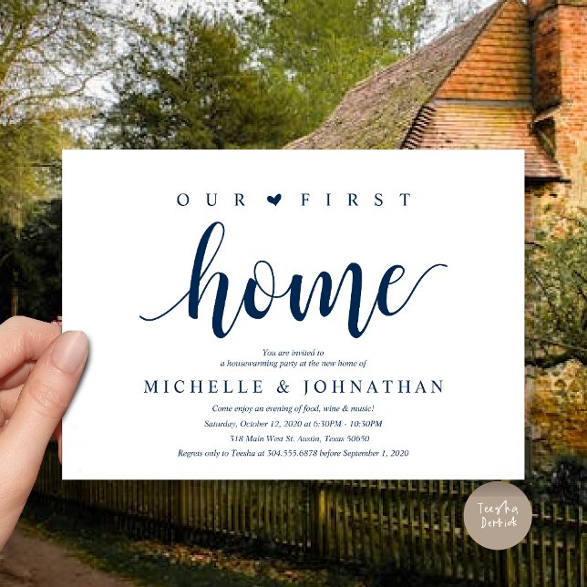Nuestro nuevo hogar, tarjetas de invitación para f (Our First Home, Housewarming party invitation card, PDF, Modern Rustic, New Home, in Navy Blue)